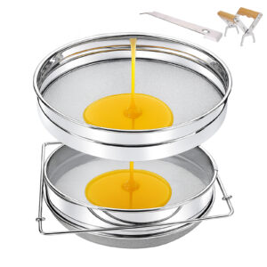 Amroicus Stainless Steel Honey Strainer, Double Sieve for 5 Gallon Bucket, Beekeeping Equipment with Extendable Arms, Honey Debris Filter