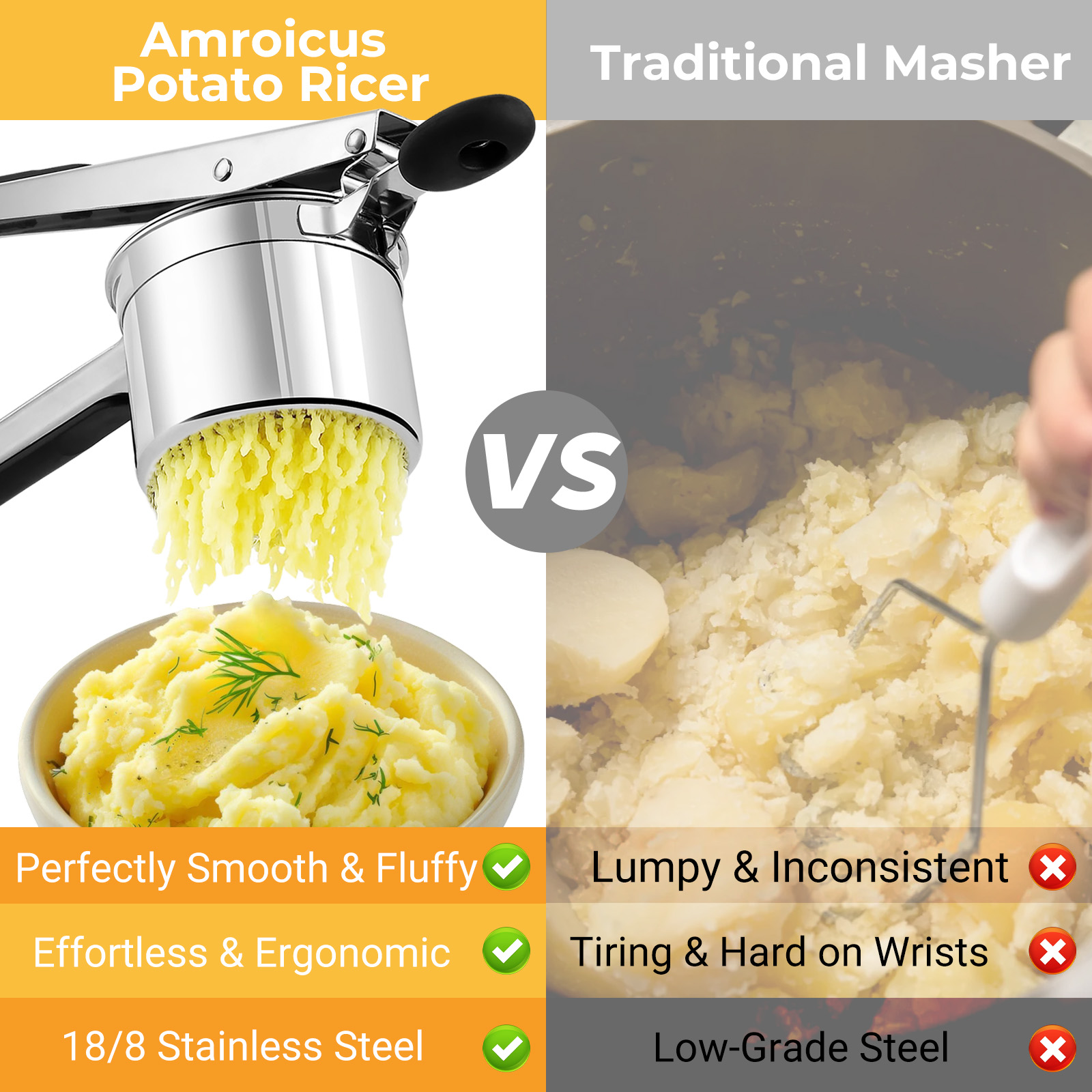 Amroicus Potato Ricer 15oz, Heavy Duty Stainless Steel Potato Masher with 3 Interchangeable Discs, Large Masher and Ricer Kitchen Tool for Mashed Potatoes, Spaetzle Noodle Maker, Potato Press - Image 4