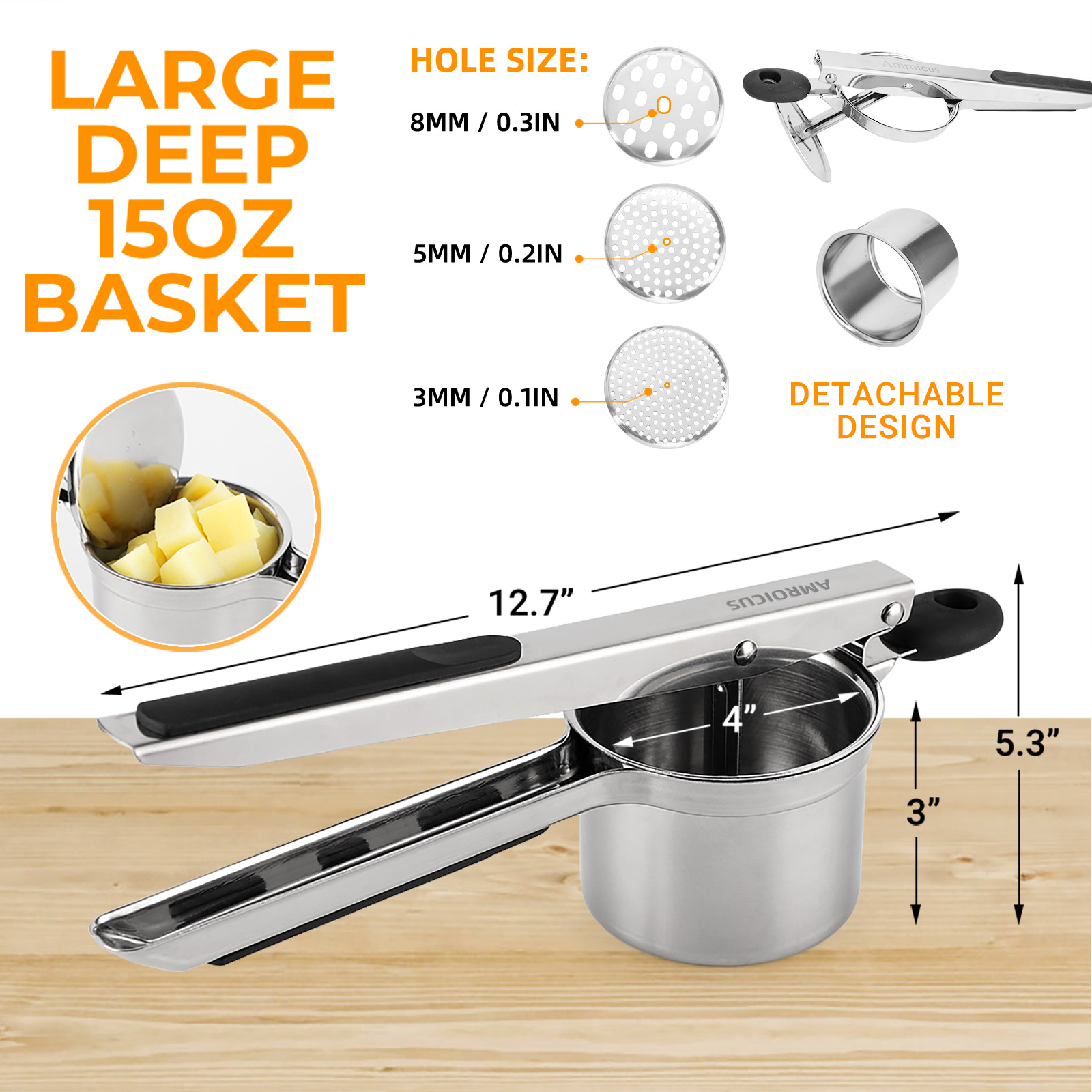 Amroicus Potato Ricer 15oz, Heavy Duty Stainless Steel Potato Masher with 3 Interchangeable Discs, Large Masher and Ricer Kitchen Tool for Mashed Potatoes, Spaetzle Noodle Maker, Potato Press - Image 3